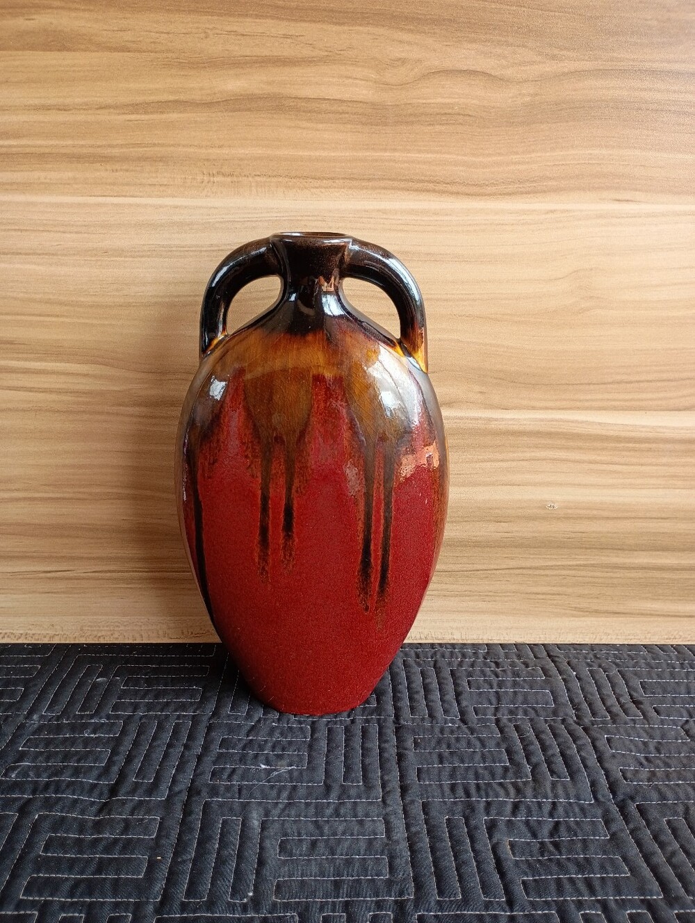 Drip Glazed Brown Rust Tall Pottery Vase w/Handles High Gloss 11.5" tall